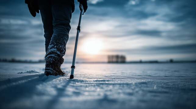 Person walking with pole on icy surface at sunset - Powered by Adobe