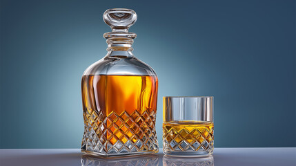 Crystal decanter and glass with whiskey in elegant style in golden-brown colors for serving spirits