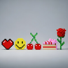 Fototapeta premium Pixelated heart smiley face cherries cake and rose in a playful nostalgic arrangement