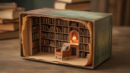 Discover a miniature world of literary wonder a tiny library scene with a cozy armchair and glowing lamp, perfect for book lovers and creative minds