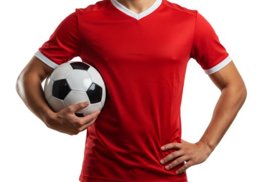 Soccer Player Red T-Shirt Holding Ball Sports Athlete Fitness Football Uniform Team Competition