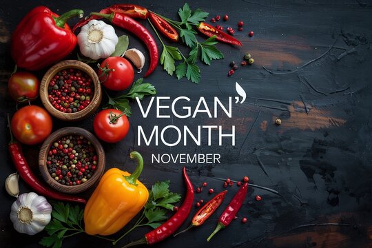 November Vegan Month Banner with Fresh Peppers, Spices, and Vegetables Arranged on a Dark, Rustic Background