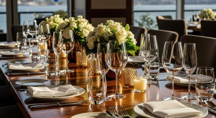 Elegant Dining Table: A beautifully set dining table, adorned with exquisite glassware, pristine silverware, and a fresh floral arrangement, epitomizes sophisticated dining.
