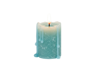 Isolated green burning candle with dripping wax for relaxation and meditation symbol