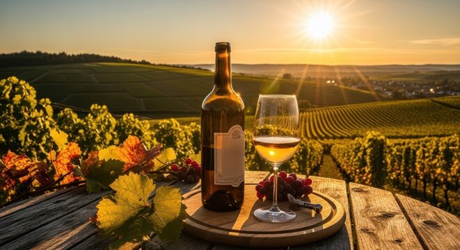 Wine Tasting on a Wooden Table: A tantalizing array of white wine, bottle, grapes and a glass of wine is elegantly arranged on a rustic wooden table overlooking a scenic vineyard at sunset - Powered by Adobe
