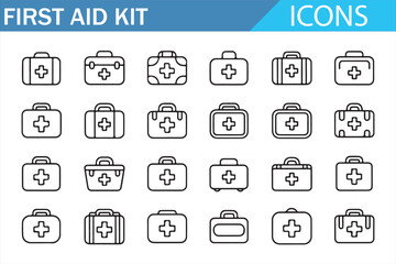 Healthcare First Aid Kit Icons - Medical Boxes with Red Cross Symbols