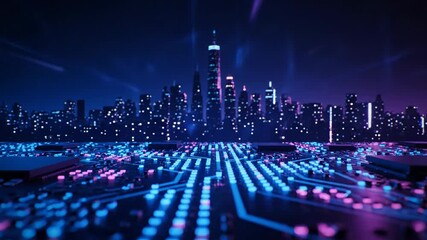 Futuristic cityscape with glowing circuit board in the foreground, representing technology and urban development - Powered by Adobe