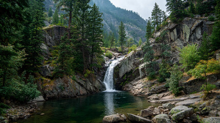 Scenic waterfall surrounded by lush forest in a mountain valley