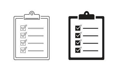 Minimalist blue clipboard checklist icons side by side showing outlined and filled versions in clean vector illustration style