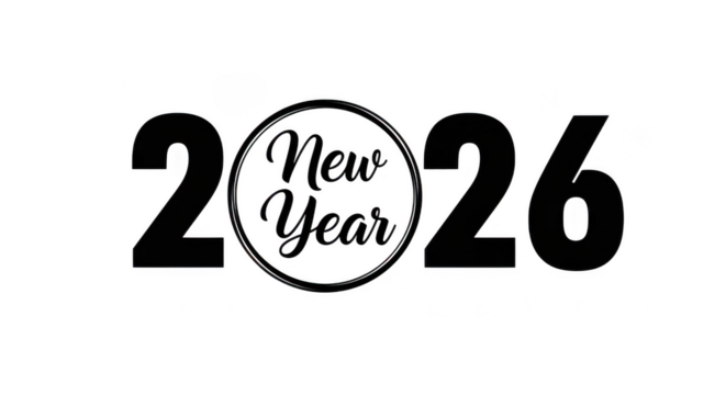 Modern graphic text 2026 with new year inside a circle isolated on transparent background grainy
