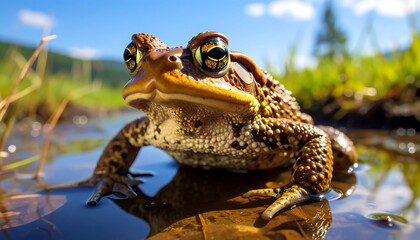 Close-up shot of a toad with bright eyes in shallow water
