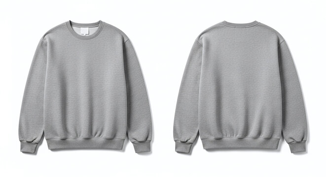 Front and back view of a grey crewneck sweatshirt isolated on white background