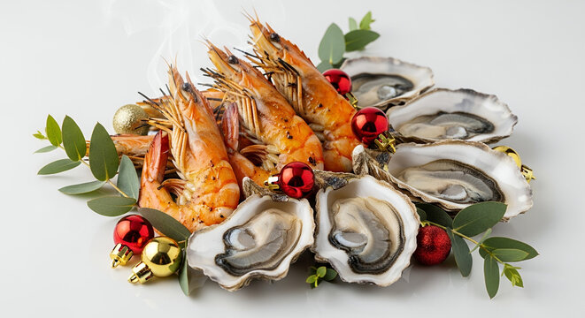 Gourmet close-up of grilled prawns and oysters with Christmas decorations