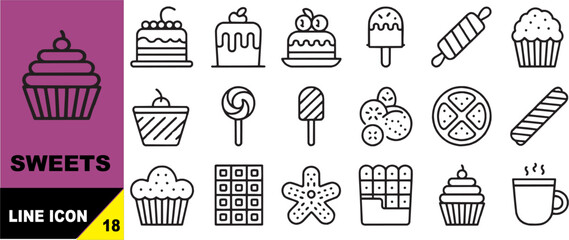 Food and drink icon set. Cafe and bakery related line icons: coffee cup, cupcake, donut, cookie, croissant, and waffle. Editable stroke. Vector illustration.