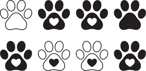 Paw print glyph icon set – includes animal footprints, pet paws, and dog cat symbols. Solid black vector illustration.