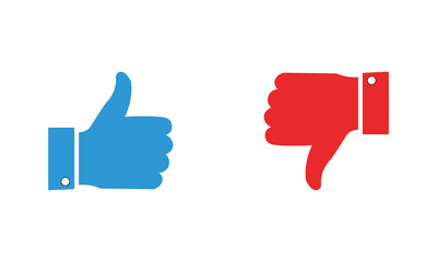 Minimalist thumbs up and thumbs down icons side by side in blue and red showing approval and disapproval in clean vector illustration