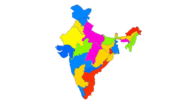 Vibrant political map of India with colorful regions perfect for geography lessons, travel guides, and educational materials, capturing India's diverse landscape