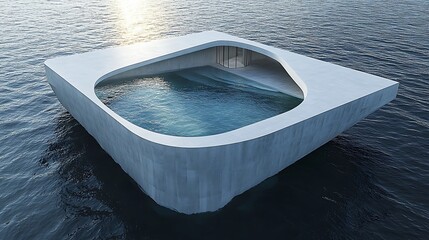 Modern outdoor swimming pool on water, showcasing minimalist design and luxury lifestyle with unique architectural structure and serene environment
