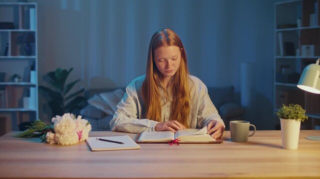 Young Woman Quietly Reading the Bible Under Soft Evening Light, Hands Folded in Prayer. Calm Moment of Faith, Spiritual Reflection, Seeking Revelation, Deep Peace and Inner Connection to God.