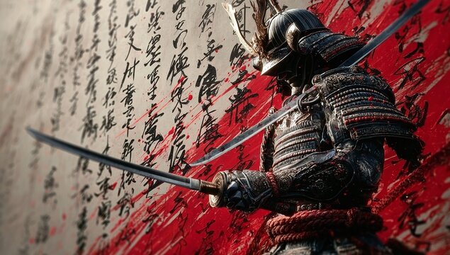 A fearless Japanese Samurai warrior holding two Katana swords (Niten Ichi Ryu style) against a backdrop of ancient calligraphy and dynamic red blood splatters.

