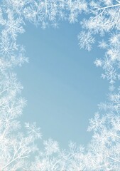 A Serene Winter Wonderland of Frosty Snowflakes Framing a Clear Blue Sky with Delicate Branches and Ice Crystal Patterns