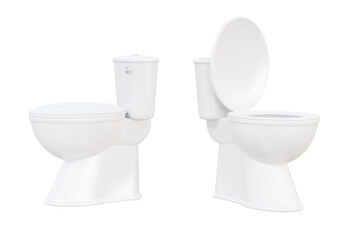 Two mockup white toilet bowl icon close lid and open lid on isolated background. Realistic flush bathroom interior design home. 3d render illustration design