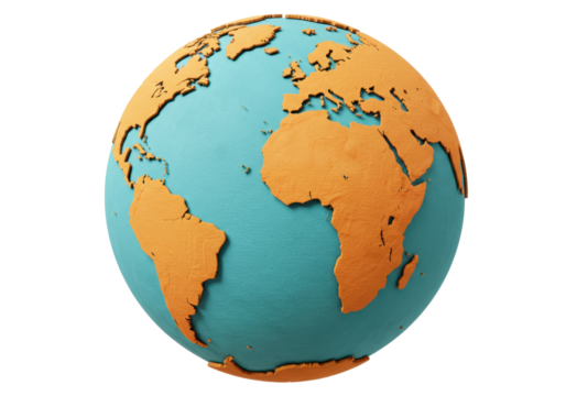 Isolated globe displaying world continents with a teal ocean, geographical Earth model