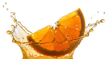 Orange slice plunging into liquid creating a dynamic splash against a clean white background scene