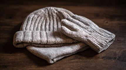 Warm knitted beanie hat displayed with winter gloves on soft background, cozy holiday lifestyle concept representing comfort, warmth, and seasonal fashion.