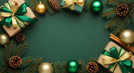 Festive christmas arrangement featuring gifts ornaments and pine cones on a green background space for text