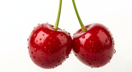 Close up of two vibrant red cherries with green stems and water droplets against a white background