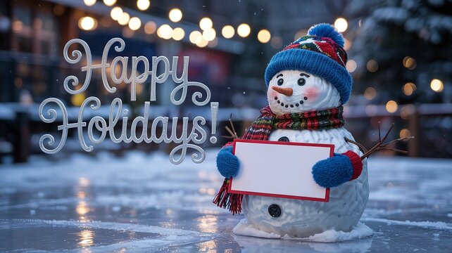 Cheerful snowman holding a blank sign with decorative Happy Holidays! text, ideal for a winter greeting card, banner, or promotional message.
