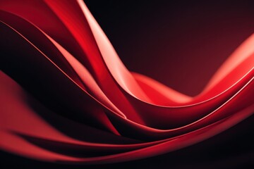 Abstract red ribbons flow in smooth curves on a dark background, modern artistic backdrop