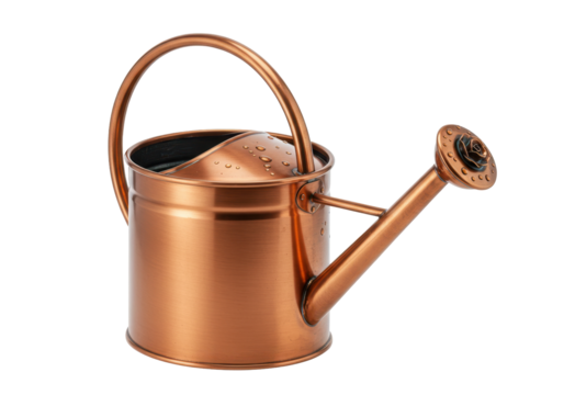 Isolated watering can, copper metal with floral sprinkler rose spout, for gardening usage