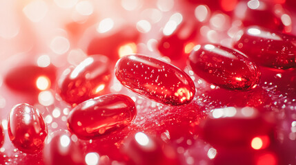 Bright red vitamins and supplements are scattered across a reflective surface, illuminated by soft light, creating a vibrant and healthy atmosphere