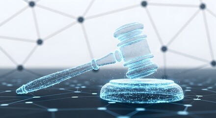 A digital gavel resting on a block with a network of connected points in the background design