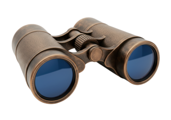 Isolated vintage binoculars in bronze color, a pair of optical device for far-sighted vision