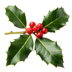 Flowers and Leaves in Christmas New year PNG concept. Holly leaves and red berries cluster elegantly on a single stem.