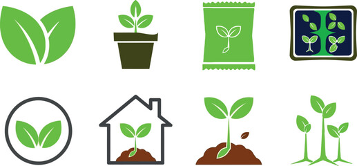  Collection of green plant sprout icons in various stages of growth and settings, symbolizing nature, agriculture, and new beginnings
