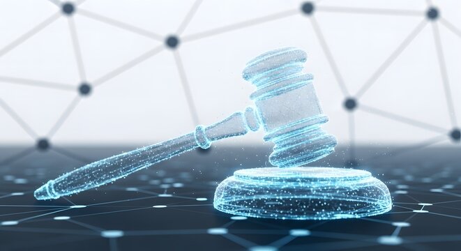 A digital gavel resting on a block with a network of connected points in the background design