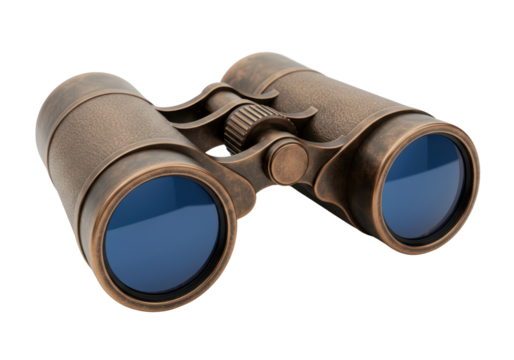 Isolated vintage binoculars in bronze color, a pair of optical device for far-sighted vision