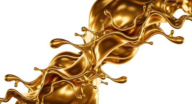 A golden liquid splash with intricate details and a glossy finish against a white background space
