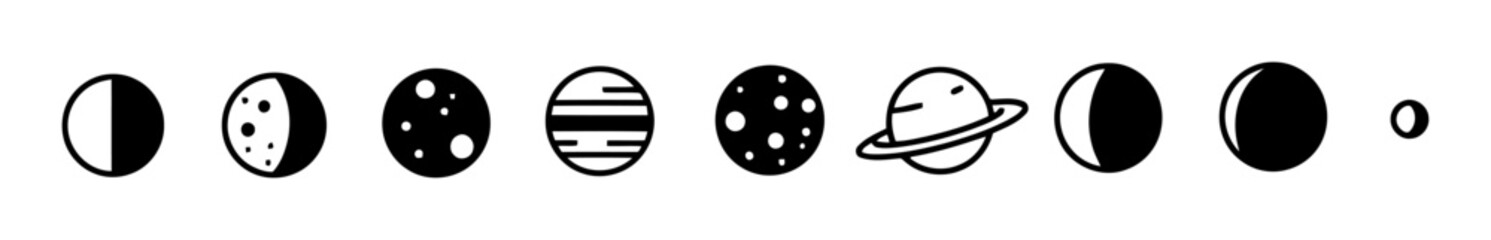 Minimalist Vector Planets Aligned Row, Clean Simple Space Design, White Background, High Contrast