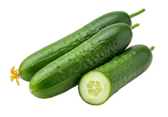 Isolated cucumbers three fresh green organic vegetables with flower portion and cross section