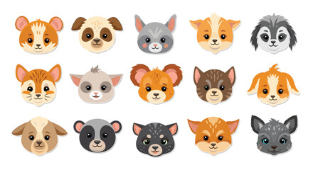 Collection of cute cartoon animal faces including a dog cat and bunny.