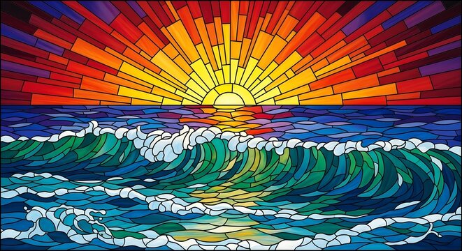 Stained glass style artwork depicting a vibrant sunset over ocean waves with colorful geometric patterns