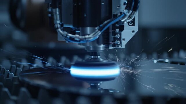 A high-precision industrial machine polishes a surface with bright blue sparks and light