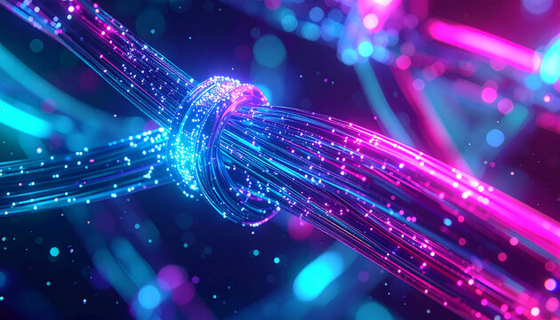 Connected Fiber Optics: a mesmerizing display of neon-colored fiber optic cables intertwined, creating a digital knot that symbolizes interconnected data and network.