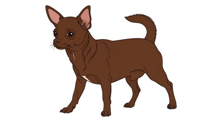 A chocolate brown short-haired Chihuahua stands alertly against a white background
