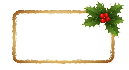 A christmas frame with golden border and holly leaves and berries on the top right corner design